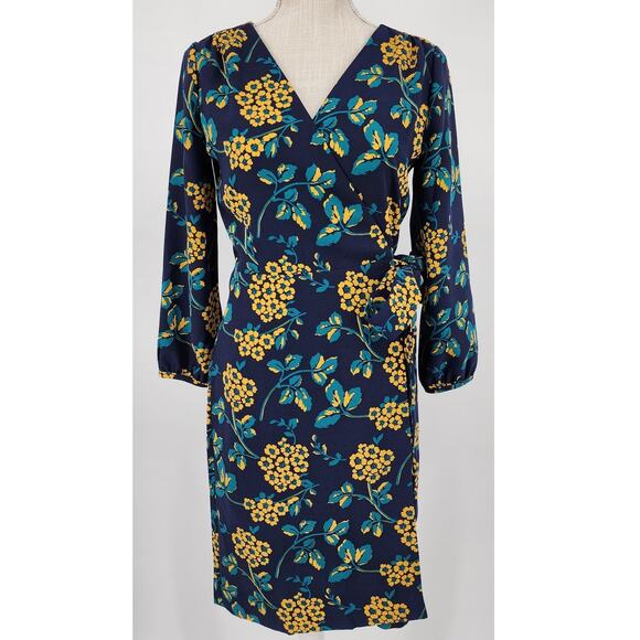 J Crew Floral Wrap Dress 0 V Neck 3/4 Sleeve Style K0109 Navy Blue Yellow Career - Picture 2 of 11